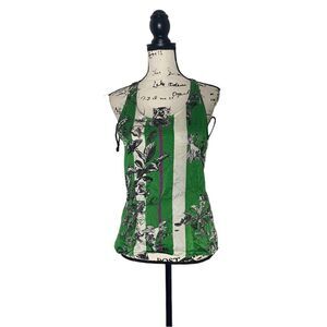 Erdem Silk Tank Top Women’s Size 6 Green White Floral Print Striped Racerback Bl